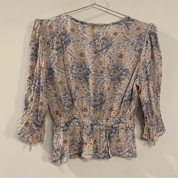 Abercrombie & Fitch Pastel Pink Light Blue Boho Quarter Sleeve Button Blouse - Picture 2 of 8